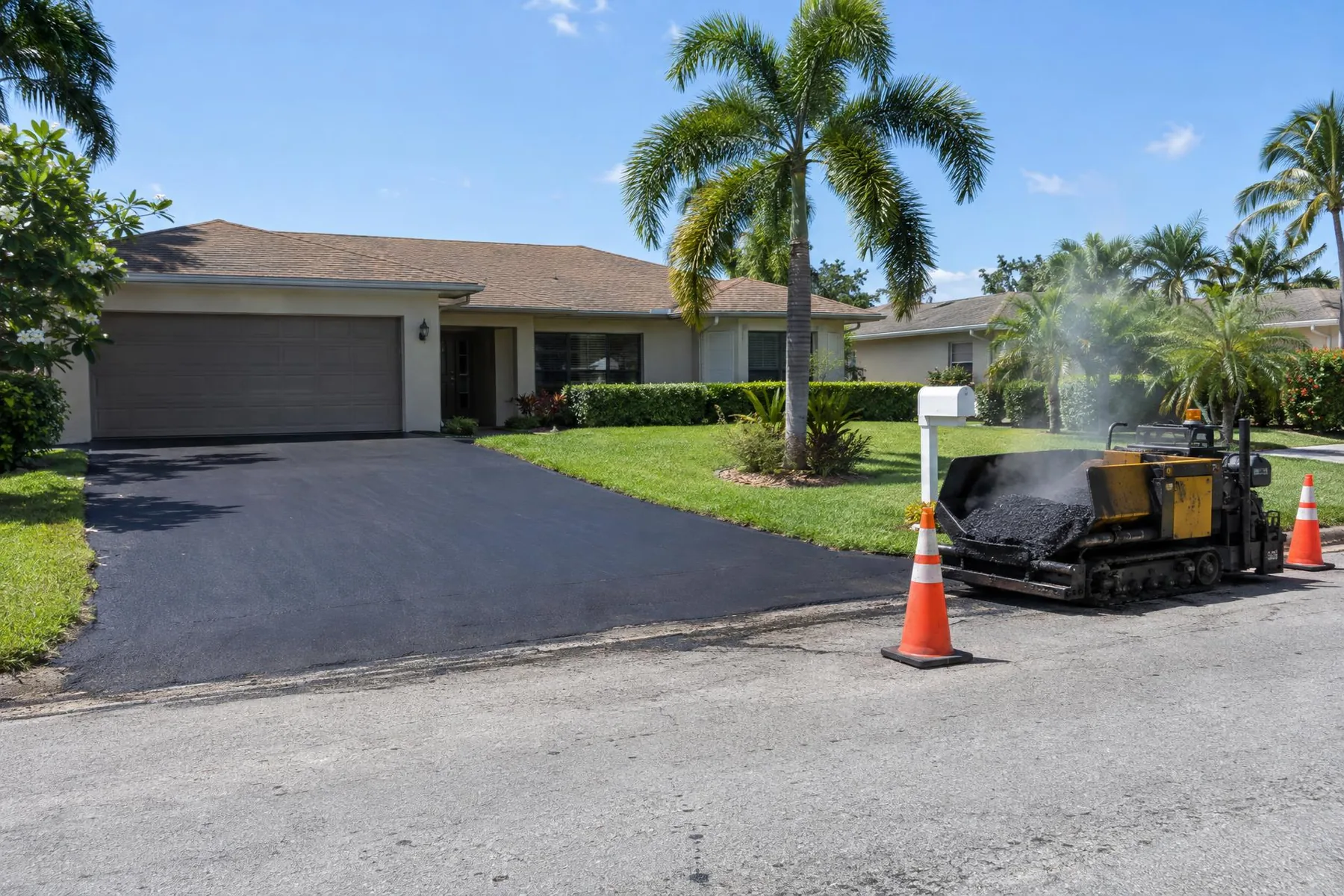 Freshly laid black asphalt driveway beside a single-story stucco home with a small paving machine and cones at the curb