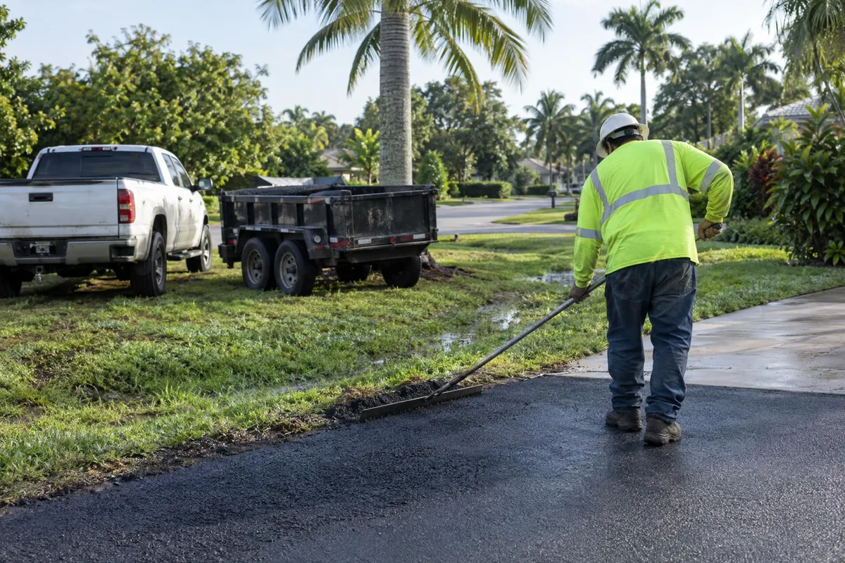 Worker in a high-visibility shirt raking hot asphalt at the edge of a driveway with a truck and dump trailer on the grass