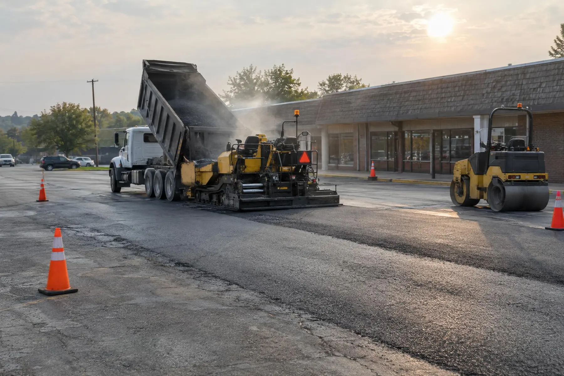 Paver and dump truck spreading hot asphalt across a shopping center parking lot with a roller waiting nearby