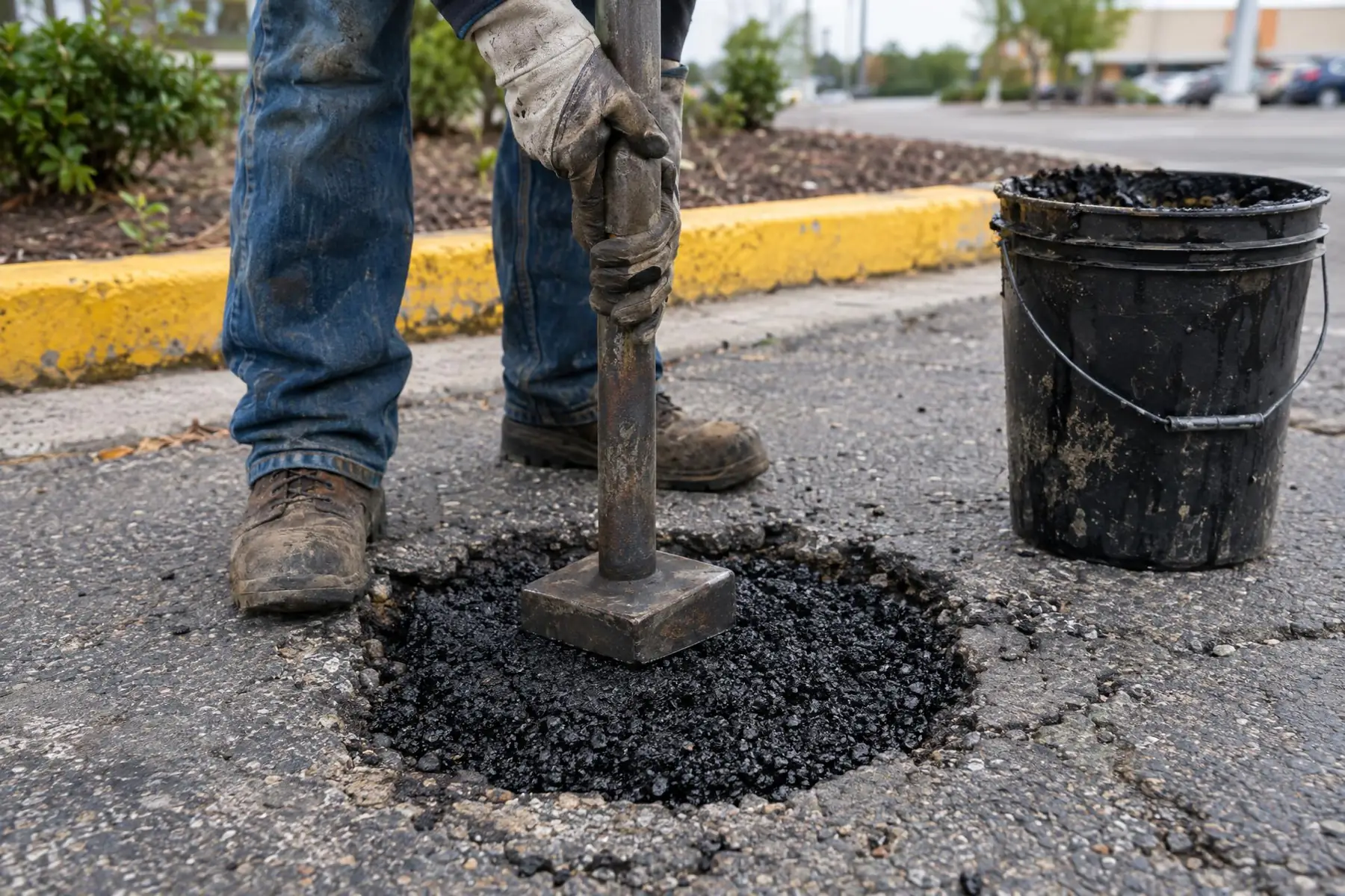Worker tamping hot patch mix into a pothole in a commercial lot beside a yellow curb